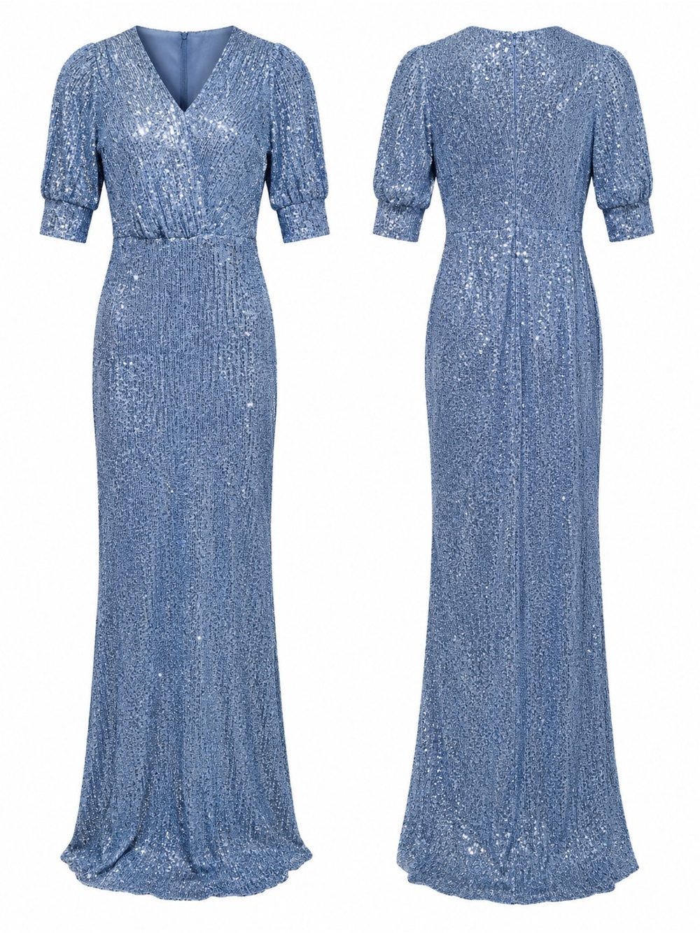 Sparkling Light Blue Sequin V-Neck Maxi Dress